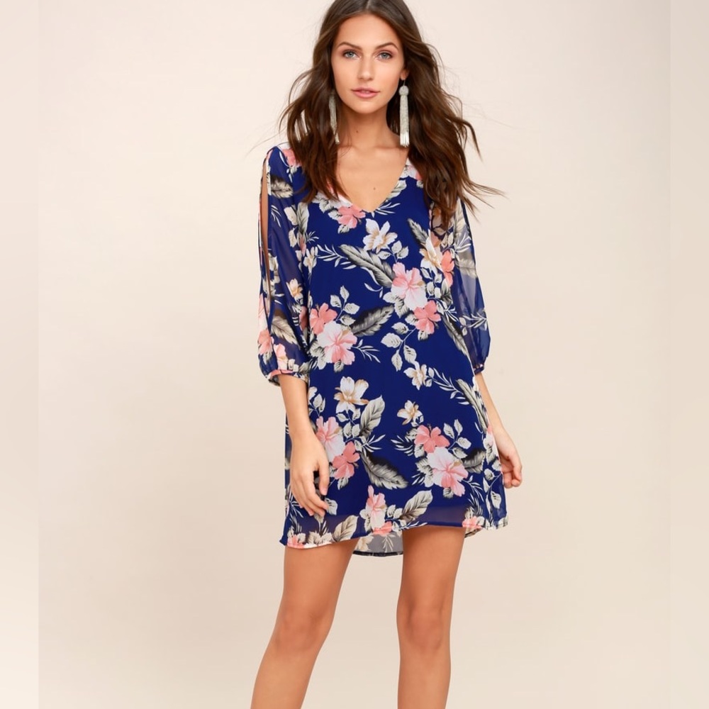 Lulu’s Shifting Dears Royal Blue Floral Print Long Sleeve Dress/ Size Sm…